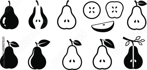 Pear Icons Set with Whole Pears, Sliced Pears, Pear Seeds, and Leaves for Fruit, Healthy Eating, and Natural Design Themes