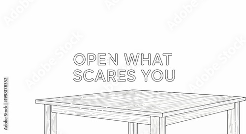 Minimalist line drawing of a wooden table with text above