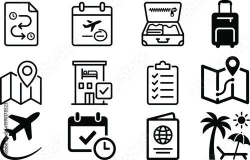 Travel and booking icons set with ticket passport map flight calendar luggage symbols outline vector collection isolated on light background