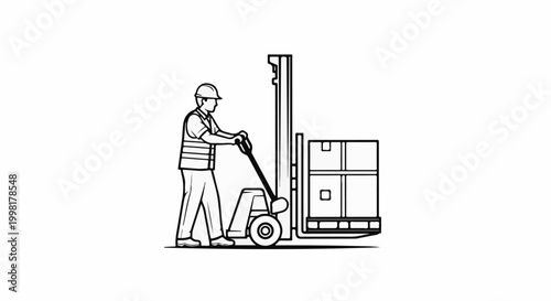 Manual forklift operator moving boxes in a warehouse