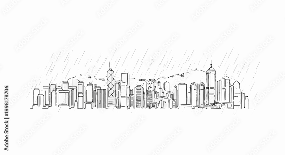 Fototapeta premium Line drawing of a city skyline under a light rain shower