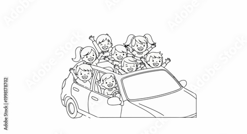 Many smiling children joyfully packed inside and on top of a car