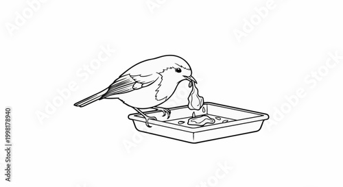 Line drawing of a small bird at a feeder with food in its beak