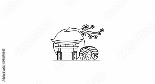 Minimalist Japanese gateway, sushi, and cherry blossom branch icon