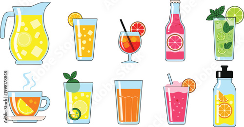 Refreshing Beverages and Summer Drinks Icons Set with Lemonade, Iced Tea, Fruit Juice, Mojito, and Smoothie for Cool Drink Designs
