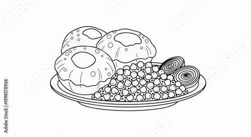 Line drawing of a plate filled with round food items and sliced onions