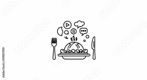 Meal with media symbols, fork and knife, representing food and digital content