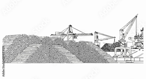 Massive piles of logs at a port with cranes loading them onto a ship
