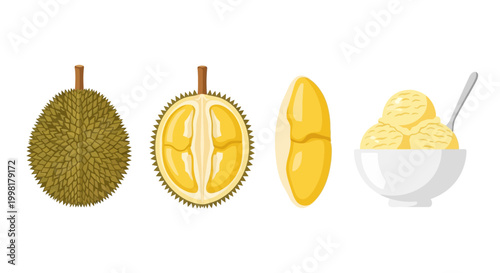 The durian fruit and its various forms are displayed on a table.