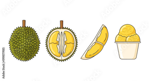 The durian fruit and its segments are arranged with a bowl of durian ice cream on a table indoors.