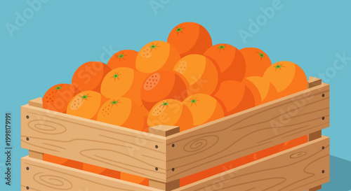 A vibrant wooden crate overflowing with numerous oranges on a sunny day outdoors