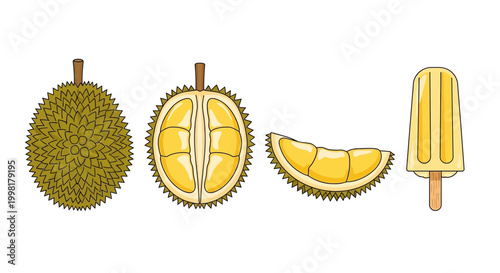 Durian fruit and durian ice cream popsicle on display with whole and sliced fruit side by side