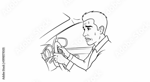 Man driving car, looking stressed and sweating