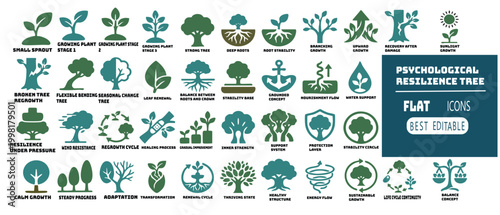 Collection of psychological resilience tree flat icons representing growth and stability