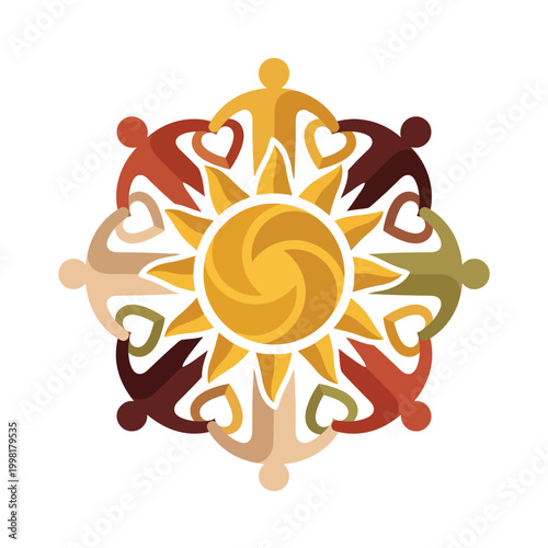 Radiant Geometric Sun With Rays Shaped Like Connected People Holding Hands In A Circle Minimalist Flat Vector Logo Design For International Day Of Cooperatives On White Background
