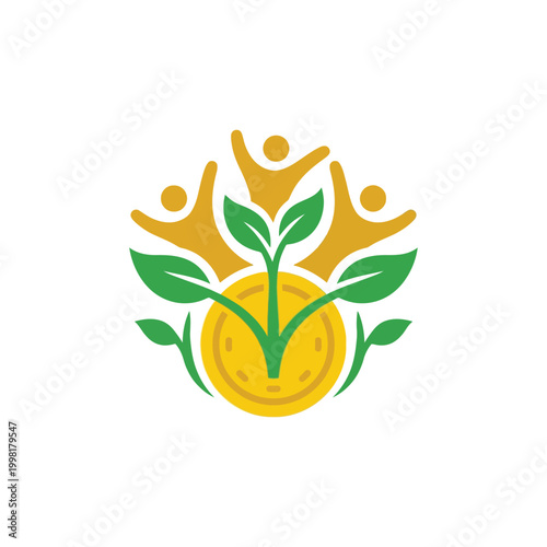 Golden Coin Icon Creatively Integrated With Three Green Plant Sprouts And Happy Workers Minimalist Flat Vector Logo Design For International Day Of Cooperatives Celebration On White