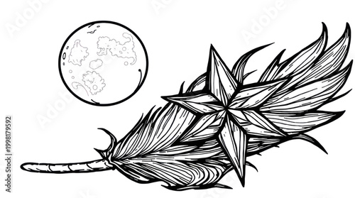 Abstract Dark Wing with Glowing Eyes Observing a Mysterious Moon in Deep Space Art