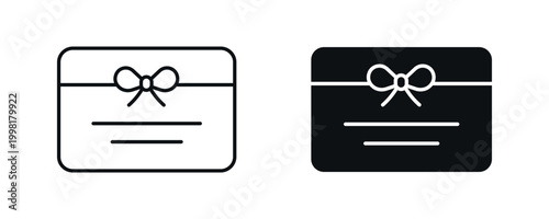 Gift card icon set, present voucher with ribbon and message lines in line and flat style. vector illustration.