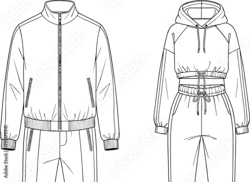 Billede på lærred “Fashion technical flat sketch, athletic tracksuit jacket with pants, cropped ho