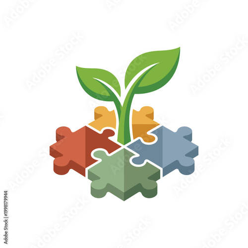 Abstract Green Sprout Emerging From A Solid Foundation Of Connected Puzzle Pieces Graphic Minimalist Flat Vector Logo Design For International Day Of Cooperatives On White Background