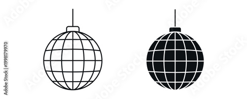 Disco ball icon set, hanging mirror ball for party and music event in line and flat style. vector illustration.