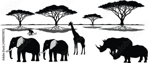 African savanna silhouette vector illustration, black white clipart of wildlife animals acacia tree nature design, safari artwork bundle for ecosystem themes