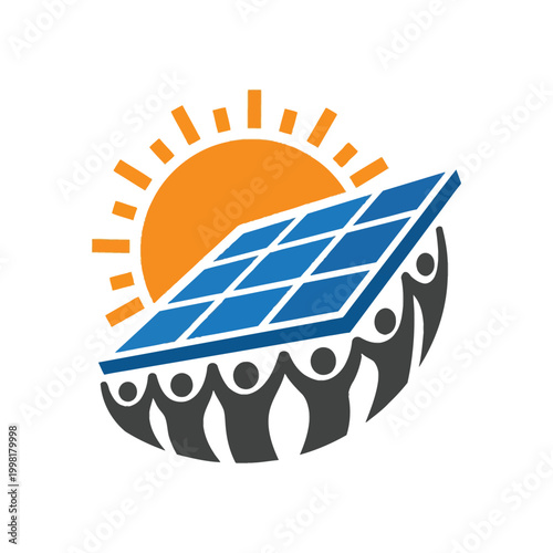Shining Sun Emerging From Behind A Clean Energy Solar Panel Supported By Human Silhouettes Minimalist Flat Vector Logo Design For International Day Of Cooperatives White Background