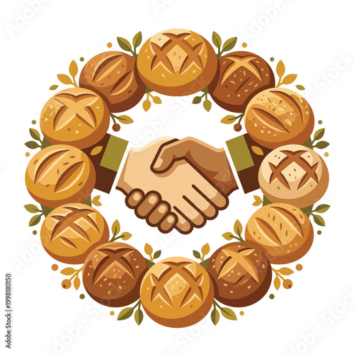 Symmetrical Wreath Of Golden Crusty Bread Loaves Surrounding A Central Handshake Symbol Minimalist Flat Vector Logo Design For International Day Of Cooperatives On White Background