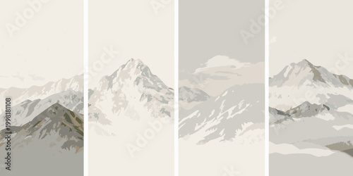 Mountain range illustration across four vertical panels muted tones