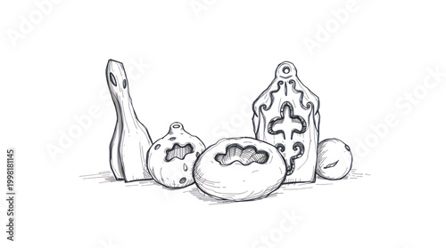 Enigmatic Dark Illustration with Stylized Abstract Forms and Subtle Glowing Details for Decorative Designs