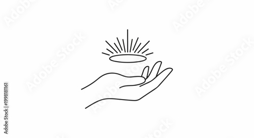 Line drawing of an open palm holding a radiant halo with lines emanating outward