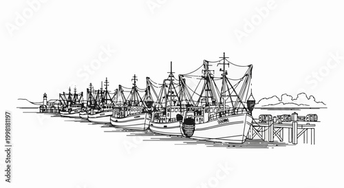 Line drawing of fishing trawlers docked at a pier with a lighthouse in the distance