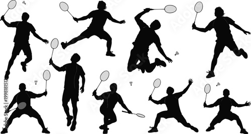 Badminton player silhouettes, sport vector icons, racket artwork, shuttlecock clipart, athletic design, outdoor game illustration, fitness graphics, dynamic poses collection