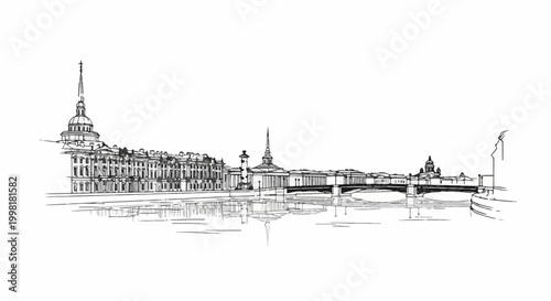 Line drawing of grand architecture and bridges reflected on a calm river