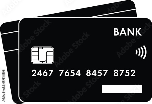Bank card silhouette vector set, black white clipart of credit debit chip contactless payment finance design, money illustration artwork bundle