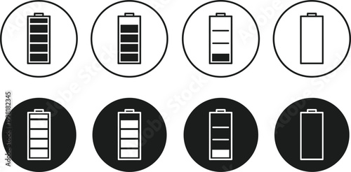 Battery charge level icons illustration, power status design, energy indicator concept, electronic device symbol art, technology representation, electricity measurement graphic