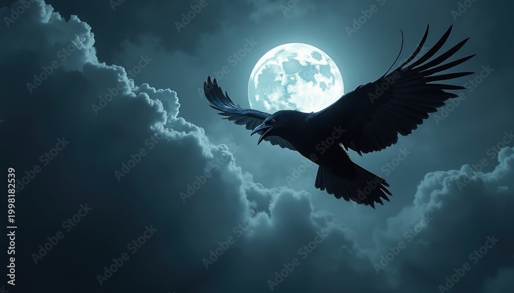 Fototapeta premium Black raven flies through cloudy night sky. Full moon illuminates bird wings and feathers. Creature soars with open beak against dark atmospheric backdrop.