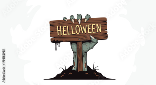 Spooky zombie hand rising from the ground holding a weathered wooden sign with the word helloween written on it in yellow.