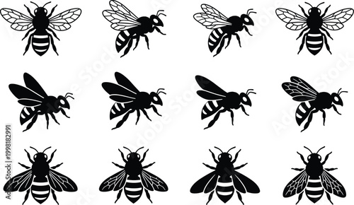 Bee silhouettes, insect design, flying figure, pollinator icon, entomology art, black illustration, wing outline, nature symbol, honeybee graphic, wildlife