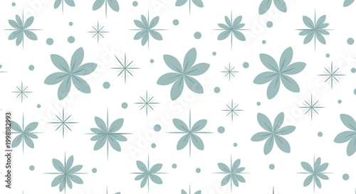 Delicate seamless pattern with simple blue flowers, stars, and dots on a white background for a peaceful and elegant design.