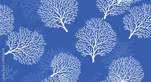 Marine themed seamless pattern with intricate white coral reef branches over a solid deep blue ocean water background.