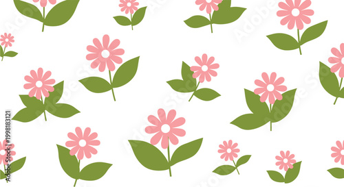 Seamless floral pattern featuring delicate pink flowers and green leaves on a clean white background for fabric design.