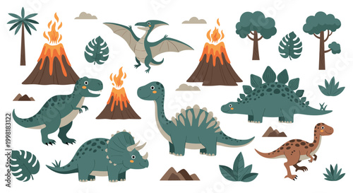 Collection of cute cartoon dinosaurs including t-rex and triceratops with volcanoes and tropical trees on white.