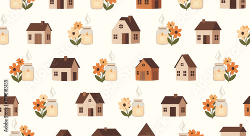 Cozy seamless pattern with small suburban houses jars with candles and autumn flowers on a cream background.