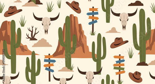Wild west desert landscape pattern with tall saguaro cactus cowboy hats cattle skulls and wooden signposts.