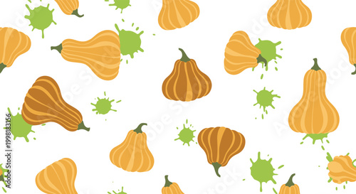 Fun autumn harvest pattern with various orange pumpkins and green splats of paint on a clean white background.