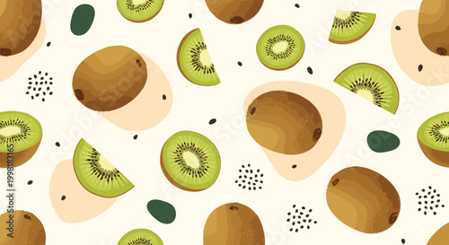Refreshing fruit pattern with whole kiwi fruit and green juicy slices with black seeds on a light beige background.