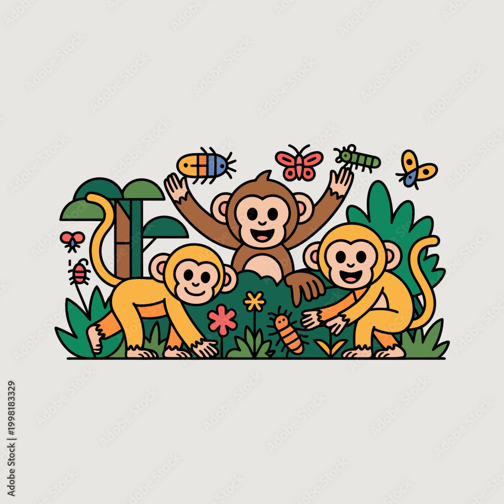 Fototapeta premium Monkeys Playing with Insects in Jungle
