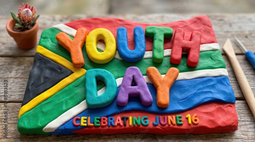 Fototapeta premium Clay sculpted “Youth Day” lettering, soft rounded shapes modeled from colorful clay, South African flag integrated into sculpted layers, playful tactile aesthetic, no characters