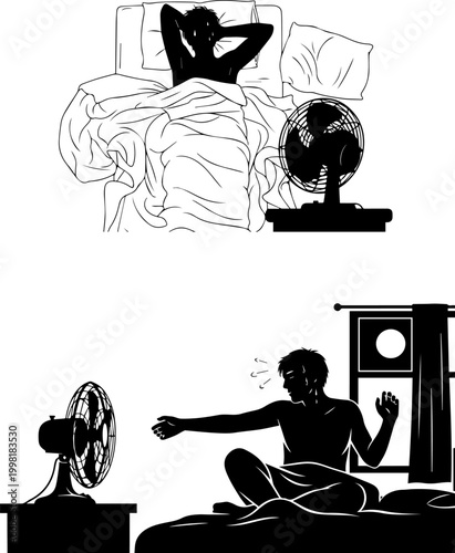 Summer problem , person unable to sleep due to heat silhouette.